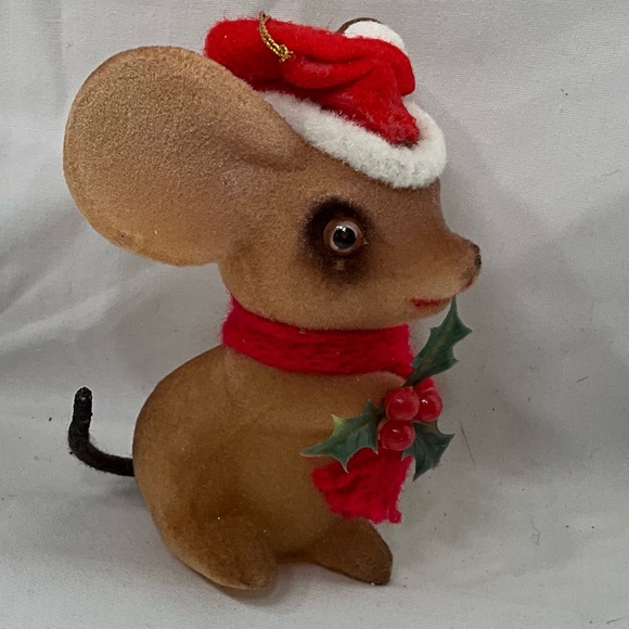 Vintage Brown Fuzzy Christmas Mouse Tree Ornament With Gold Hanger String - Picture 4 of 7